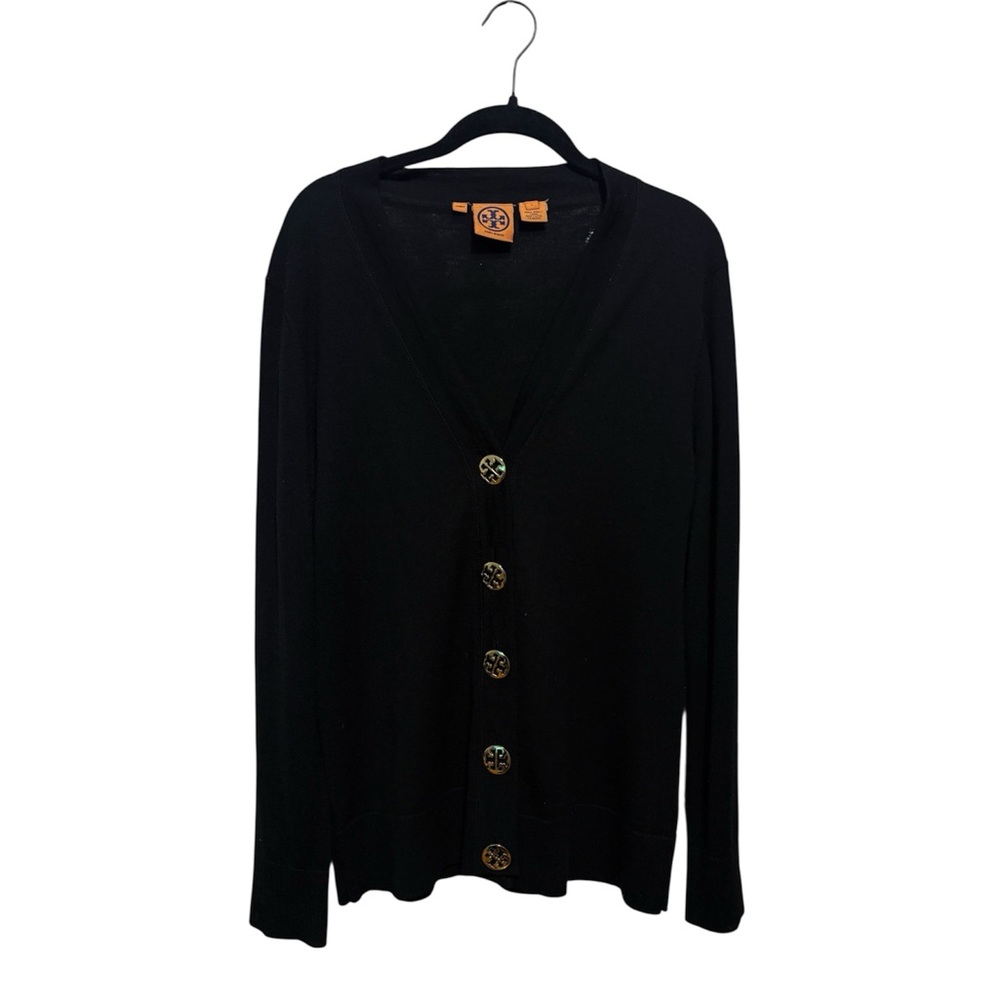 Tory Burch Black V-Neck Button Cardigan with Logo Buttons